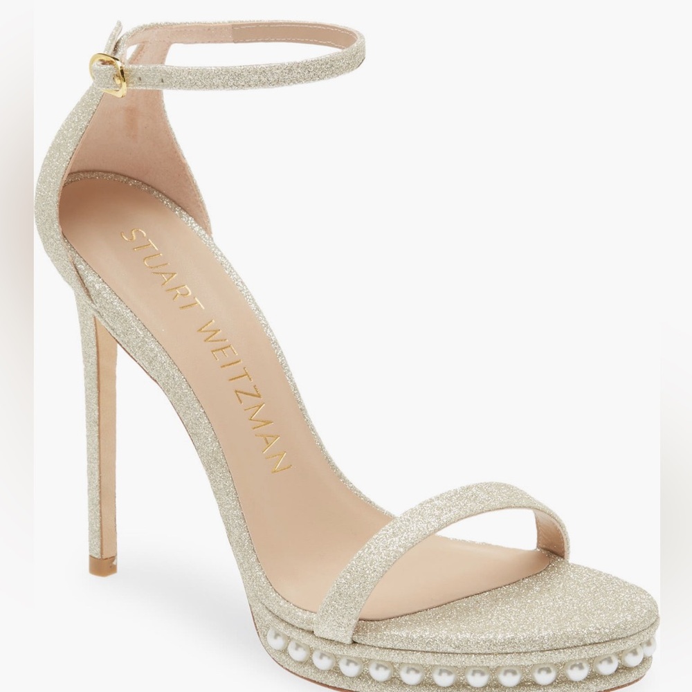 STUART WEITZMAN NUDISTDISCO PEARL GLITTER SANDAL SIZE 10 Platino Gold